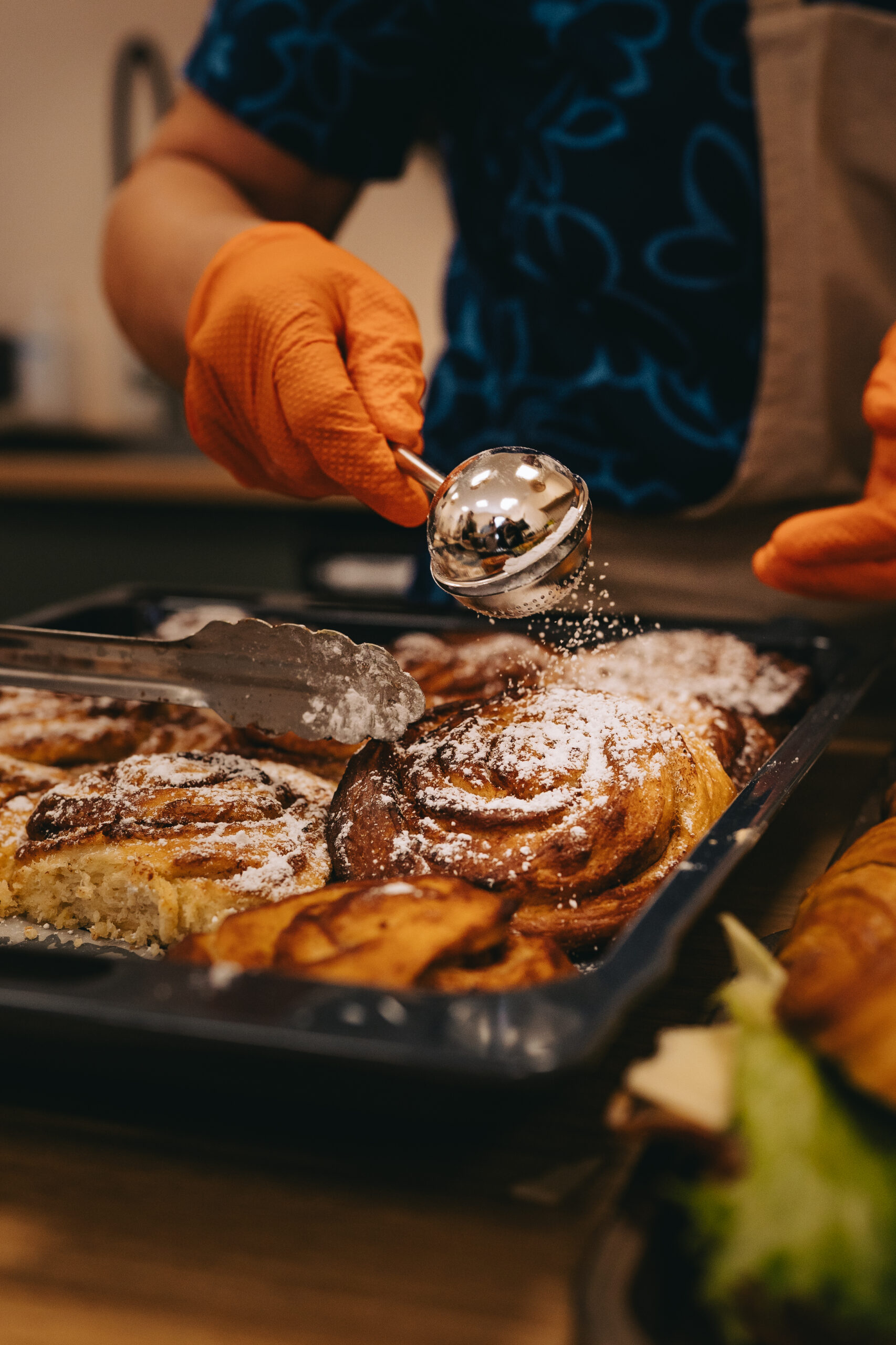 Finishing cinnamon rolls
